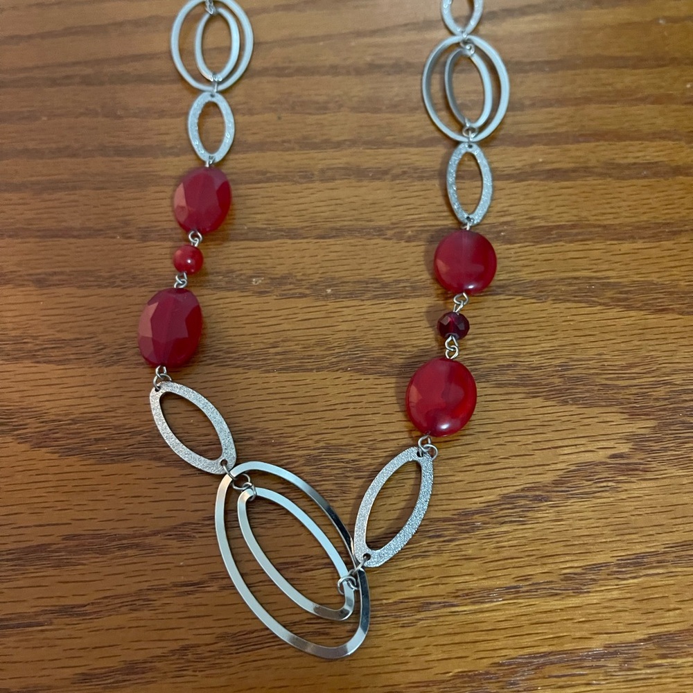 Long Red and Silver Necklace